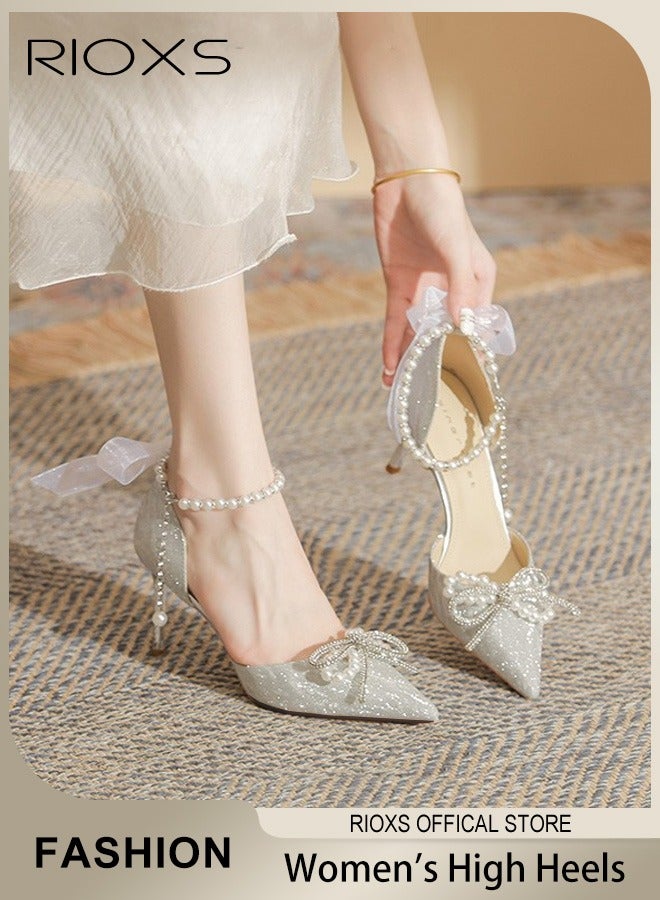 Women's Fashion Rhinestones High Heels Ankle Strap Pointed Closed Toe Chunky High Heel Pump for Wedding Party