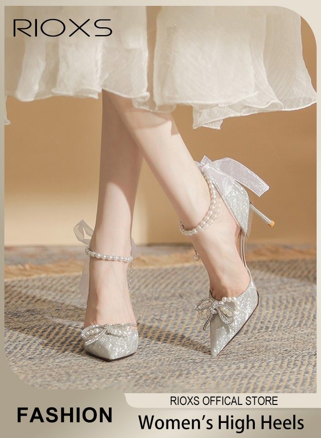 Women's Fashion Rhinestones High Heels Ankle Strap Pointed Closed Toe Chunky High Heel Pump for Wedding Party