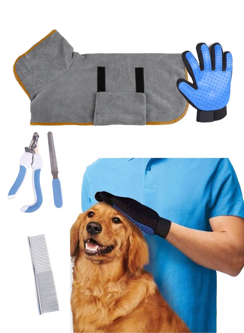 5-Pcs Pet shower Set,Including Pet Absorbent Quick-drying Bath Towel For Dogs/Cats, Straight comb, Pet Massage Gloves, Pet Nail Scissors and File