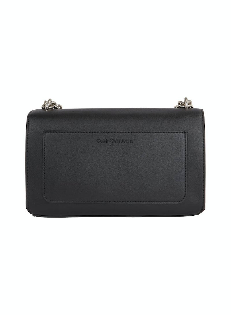 Women's Convertible Shoulder Bag -  smooth faux leather exterior, Black
