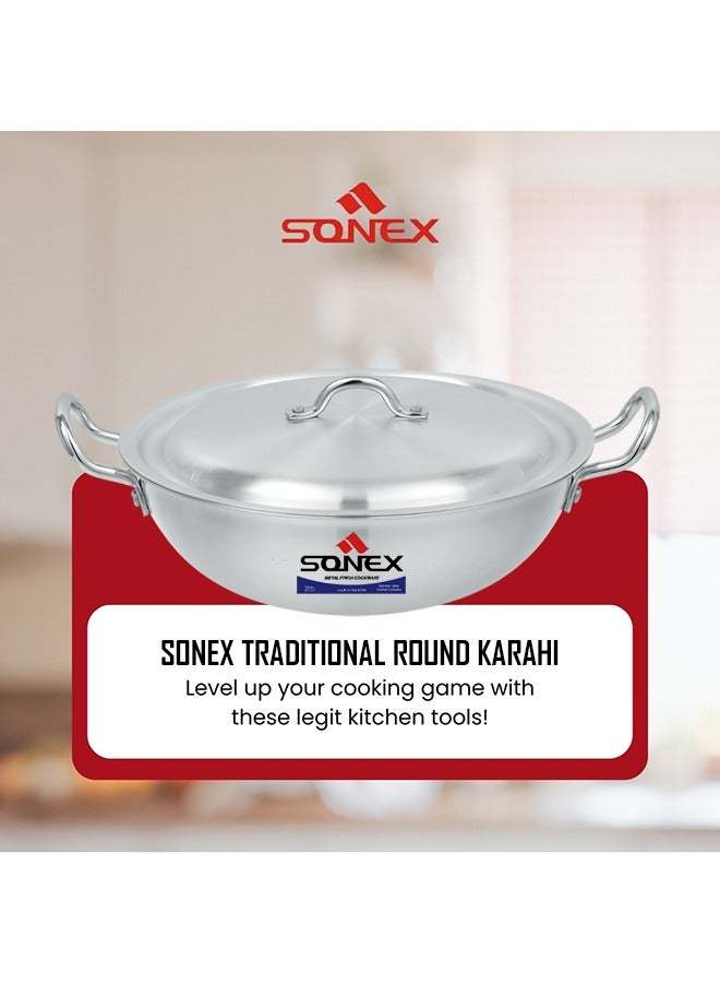 Sonex Traditional Round Karahi Aluminium  Wok, Authentic Asian Cooking, Long Lasting Durable Construction, Kitchen Essentials, Metal Finish, Generous Size (29 cm & 4.5 Ltr)