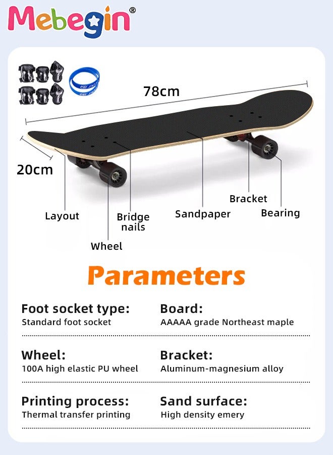 30 inch Skateboard for Beginners with 6pcs Protect Gear Set and Storage Bag,Wristband,7-ply Maple Deck Skate Board for Cruising, Tricks and Downhill,Designed for All Types of Riding Kids Adults