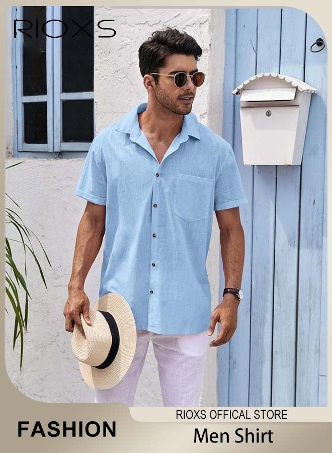 Men's Shirts, Short Sleeve V-Neck Henley Shirts, Mens Loose Linen Button-Up Tops, Summer Casual Beach Shirts For Men, Textured Shirts With Pocket, For Daily, Party, Date, Wedding, Office, Home And Travel Wear