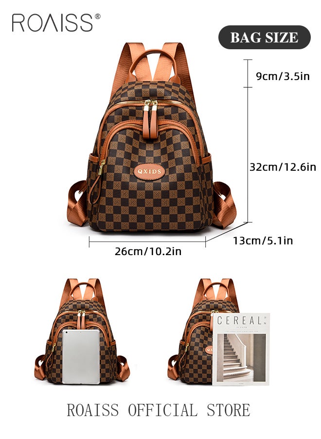 Women's Casual And Fashionable Plaid Pu Leather Backpack Adjustable Shoulder Strap With Multiple Pockets  Large Capacity Waterproof Backpack