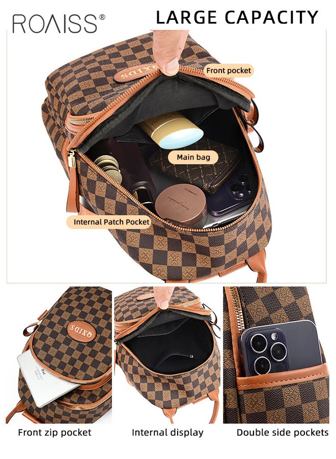 Women's Casual And Fashionable Plaid Pu Leather Backpack Adjustable Shoulder Strap With Multiple Pockets  Large Capacity Waterproof Backpack
