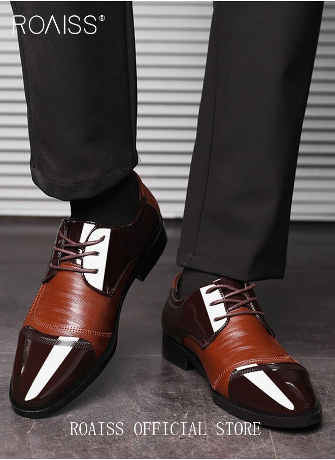 Men Pointed Patent Leather Shoes, Low Top Lace-up Formal Shoes with Non Slip Sole, Stylish Dress Shoes for Men, Simple Classic Business Leather Shoes, Suitable for Daily Wear, Business, Wedding and Outdoor Activities