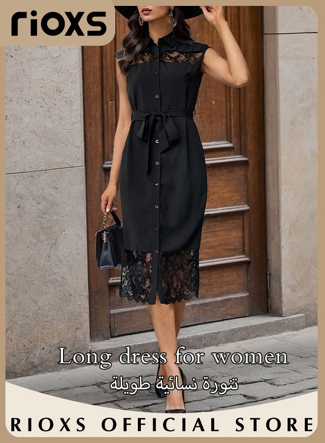 Women's Elegant Sleeveless Dresses Lace Dress Lapel Button Down Dresses High Waist Lace-Up Dress Ruffle Long Skirt Fashion Patchwork Lace Dresses