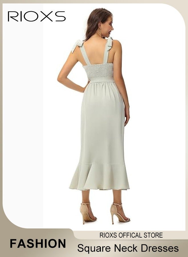 Elegant Summer Dresses for Women, Midi Evening Dress with Sleeveless Design and Square Neckline, Side Split Slimming Dress, Perfect for Every Figure Ladies, Great for Daily Life, Birthday, Formal Occasion, Parties or Dating