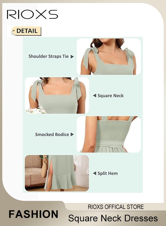 Elegant Summer Dresses for Women, Midi Evening Dress with Sleeveless Design and Square Neckline, Side Split Slimming Dress, Perfect for Every Figure Ladies, Great for Daily Life, Birthday, Formal Occasion, Parties or Dating