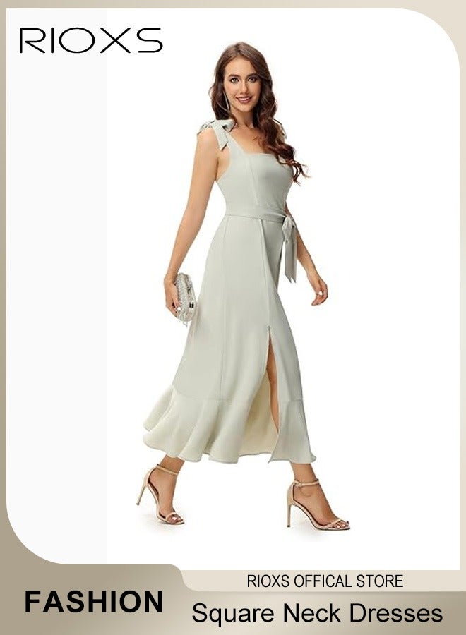 Elegant Summer Dresses for Women, Midi Evening Dress with Sleeveless Design and Square Neckline, Side Split Slimming Dress, Perfect for Every Figure Ladies, Great for Daily Life, Birthday, Formal Occasion, Parties or Dating