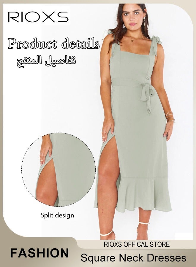 Elegant Summer Dresses for Women, Midi Evening Dress with Sleeveless Design and Square Neckline, Side Split Slimming Dress, Perfect for Every Figure Ladies, Great for Daily Life, Birthday, Formal Occasion, Parties or Dating