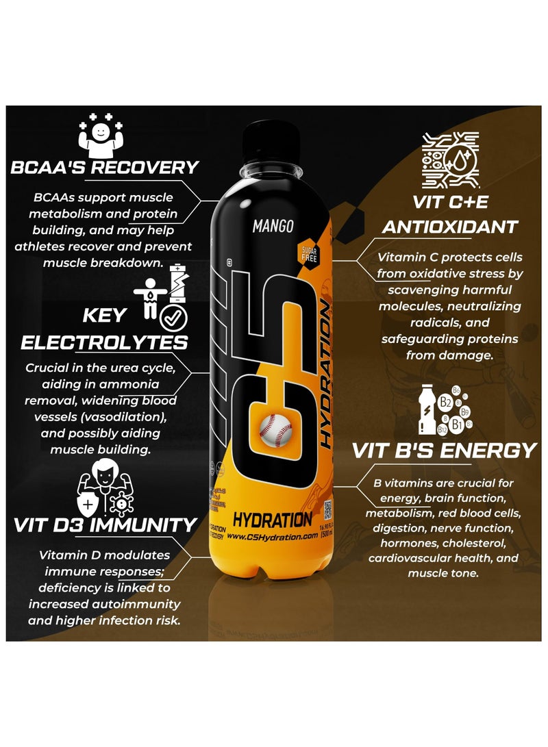 C5 Hydration Key Electrolytes Vit B's Energy Vit C E Antioxidant Vit D3 Immunity (Full Box 12 Bottles Mango)