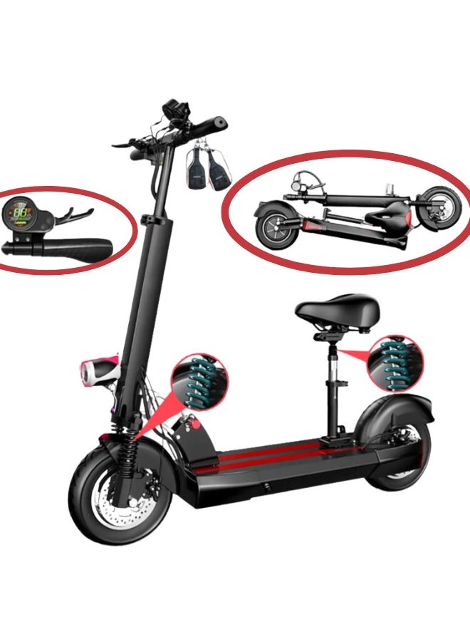Z2 (E10) Powerful Electric Scooter With Seat, 48V, Foldable, Front & Side Led lights, FREE HANDLEBAR BAG, Red