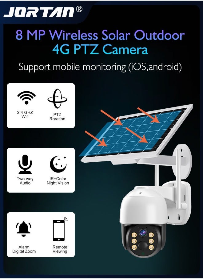 8MP 4G SIM Card & Wifi Solar Security Camera Outdoor Wireless Low Power Consumption Surveillance Camera with Solar Panel & Motion Detection & Microwave Dual Detection & Remote Control & 2 Way Audio