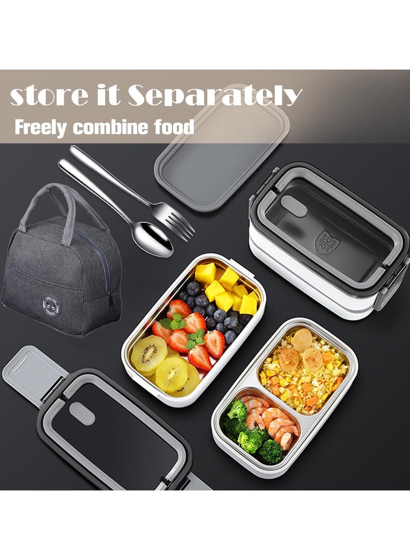 2- Layer Leakproof Bento Box adult, Insulated Bento Lunch Box with Tableware & Bag Lunch Box with 3 compartments, Lunch Box for Kids School, Microwave Food Safe Bento Boxes (White)