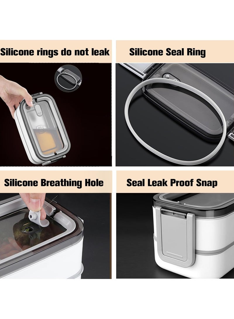 2- Layer Leakproof Bento Box adult, Insulated Bento Lunch Box with Tableware & Bag Lunch Box with 3 compartments, Lunch Box for Kids School, Microwave Food Safe Bento Boxes (White)