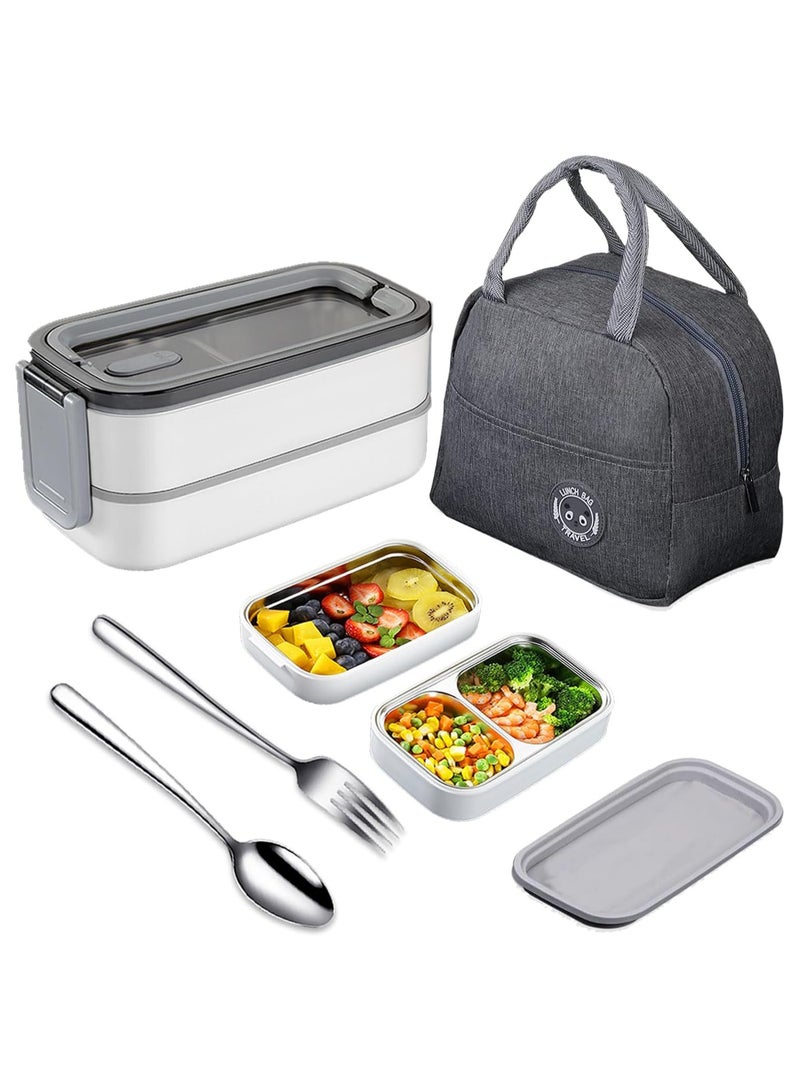 2- Layer Leakproof Bento Box adult, Insulated Bento Lunch Box with Tableware & Bag Lunch Box with 3 compartments, Lunch Box for Kids School, Microwave Food Safe Bento Boxes (White)