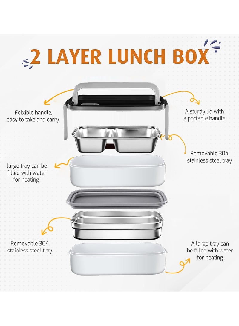 2- Layer Leakproof Bento Box adult, Insulated Bento Lunch Box with Tableware & Bag Lunch Box with 3 compartments, Lunch Box for Kids School, Microwave Food Safe Bento Boxes (White)