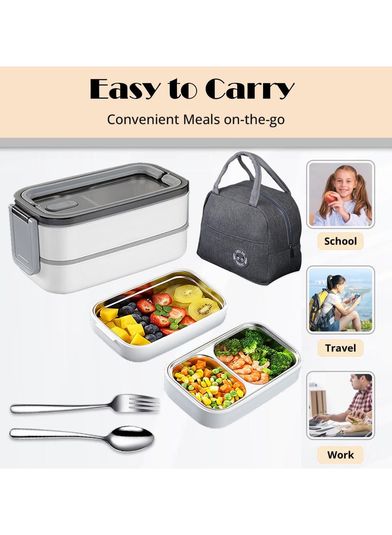 2- Layer Leakproof Bento Box adult, Insulated Bento Lunch Box with Tableware & Bag Lunch Box with 3 compartments, Lunch Box for Kids School, Microwave Food Safe Bento Boxes (White)