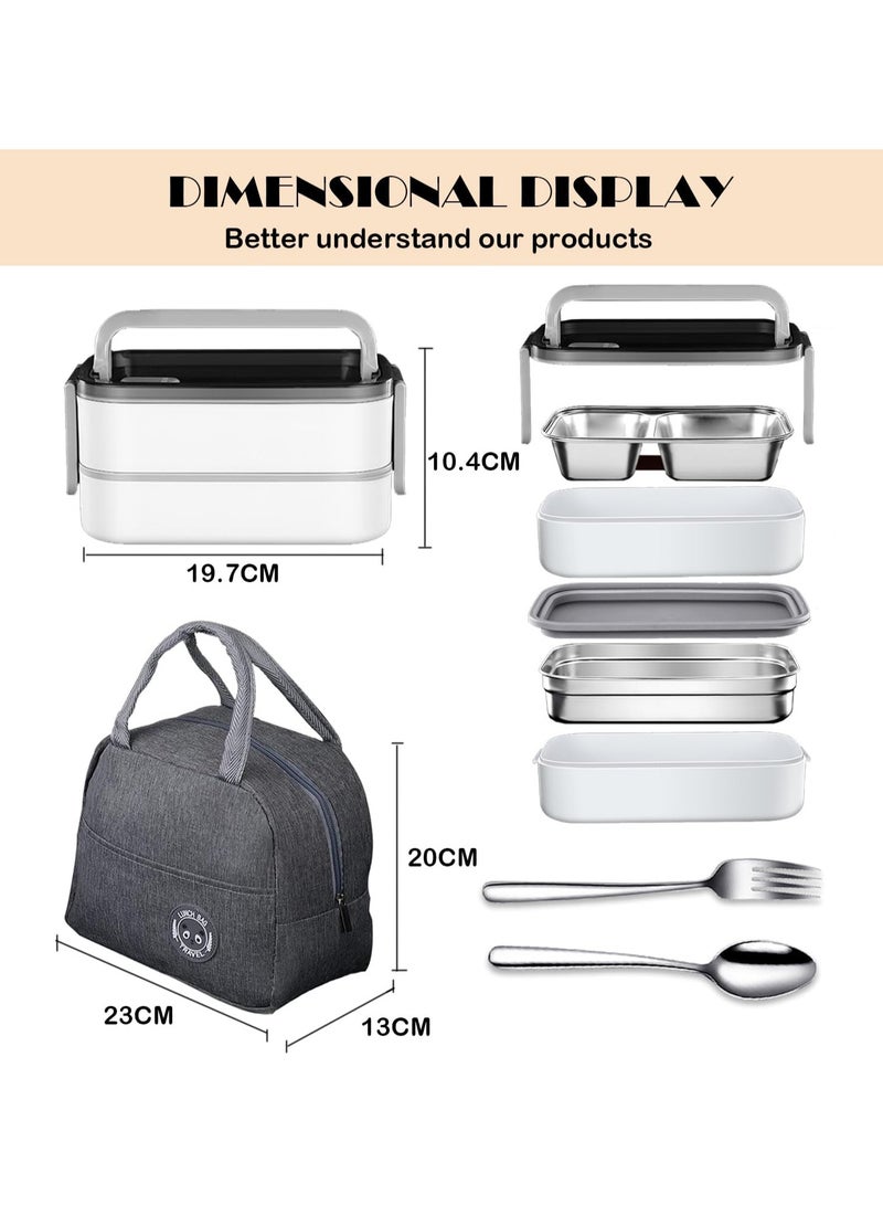 2- Layer Leakproof Bento Box adult, Insulated Bento Lunch Box with Tableware & Bag Lunch Box with 3 compartments, Lunch Box for Kids School, Microwave Food Safe Bento Boxes (White)