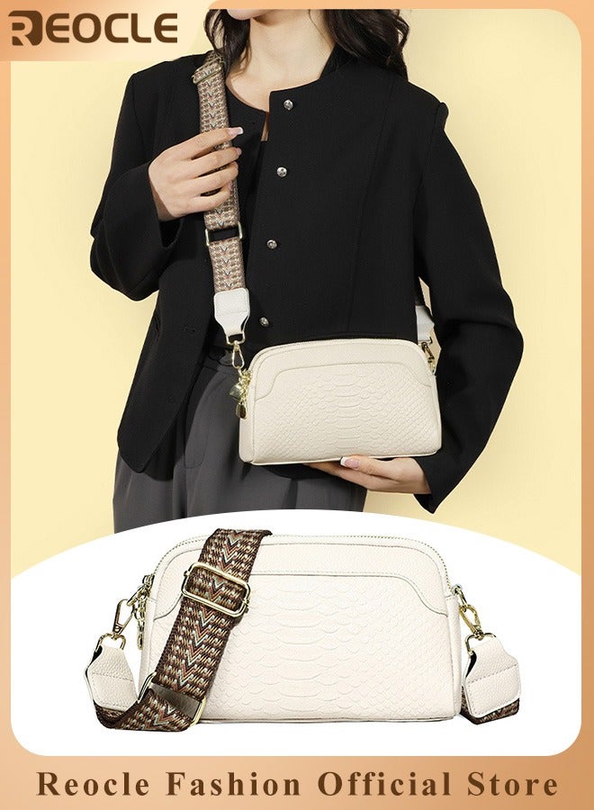 Crossbody Purse Bags for Women Trendy First Layer Cowhide Leather Woven Small Crossover Shoulder Bag with Detachable Guitar Strap White