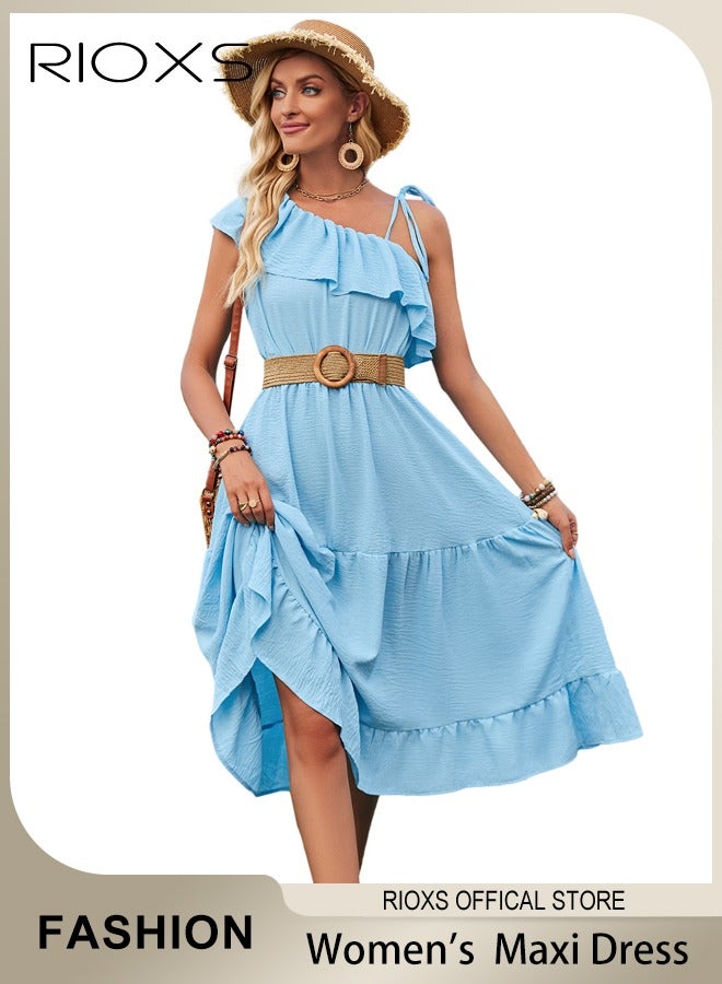 Women's One Shoulder Solid Color Casual Maxi Dress Ruffle Flowy Dresses High Waist Loose Dress Ruffle Long Dresses