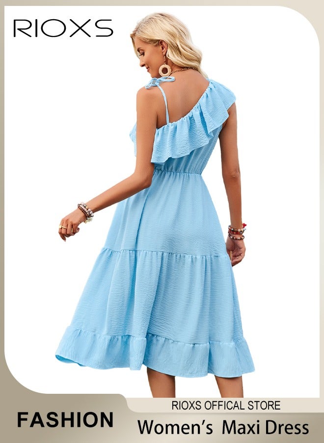 Women's One Shoulder Solid Color Casual Maxi Dress Ruffle Flowy Dresses High Waist Loose Dress Ruffle Long Dresses