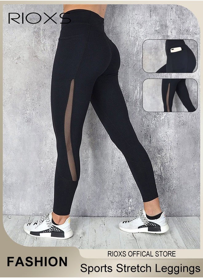 Women's Stretch Leggings,High Waist Yoga Pants With Pockets,Sports Mesh Fitness Workout Tights For Women Ladies,4-Way Stretchy Leggings For Pilates Jogging Athletic
