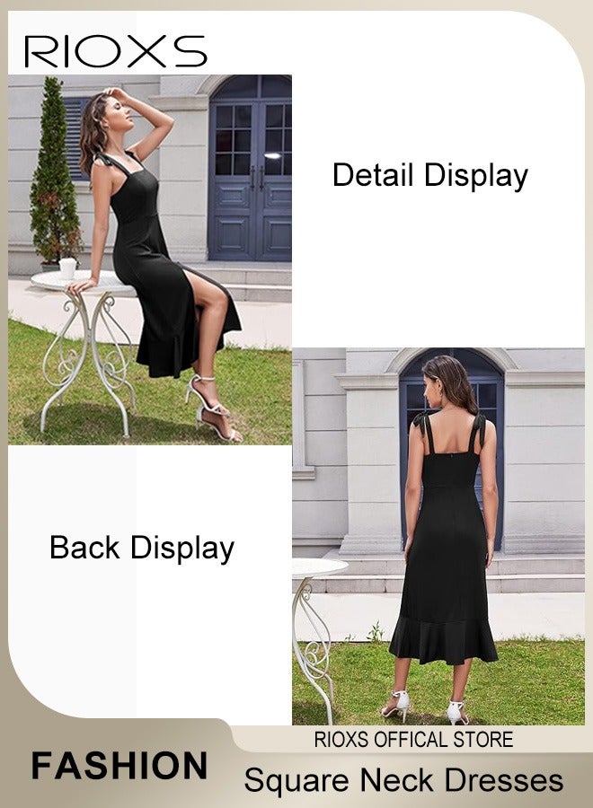 Women's Midi Dresses Square Neck Ruffle Dresses Straps Semi Formal Maxi Wedding Guest Dresses For Wedding Bridesmaid Evening Party Homecoming Dress