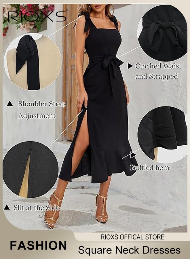 Women's Midi Dresses Square Neck Ruffle Dresses Straps Semi Formal Maxi Wedding Guest Dresses For Wedding Bridesmaid Evening Party Homecoming Dress