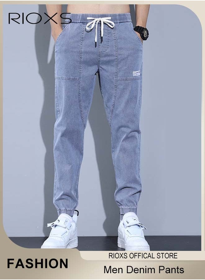 Men Elastic Waist Downstring Denim Pants with 4 Pockets, Stylish Versatile Jeans, Fashionable Durable Baggy Trousers, Comfortable for Daily Wear or Outdoor Activities