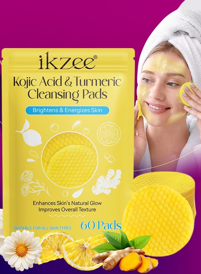 60Pcs Kojic Acid & Turmeric Cleansing Pads for Dark Spots Turmeric Kojic Acid Cleansing Pads Helps Balance Skin Oil & Water Fade Spot Remove Excess Keratin Clean Oil Refines Pores