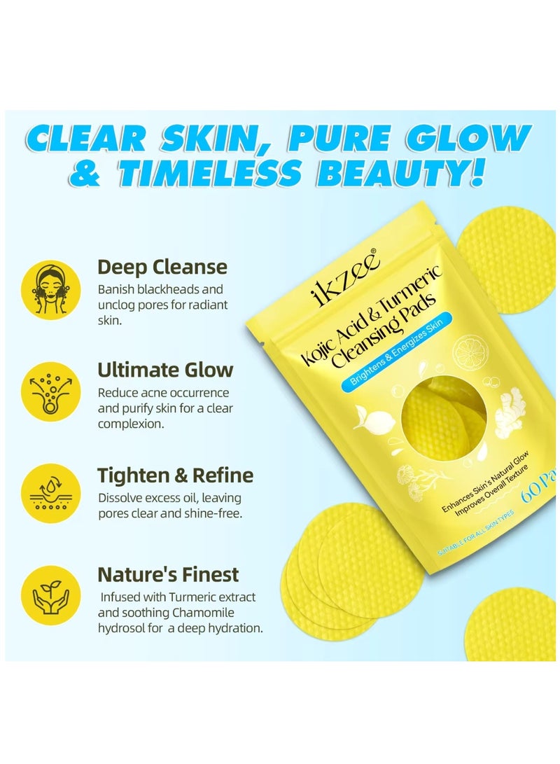 60Pcs Kojic Acid & Turmeric Cleansing Pads for Dark Spots Turmeric Kojic Acid Cleansing Pads Helps Balance Skin Oil & Water Fade Spot Remove Excess Keratin Clean Oil Refines Pores