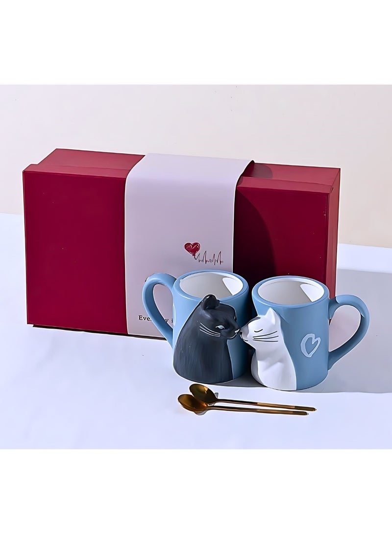 Couples Pair Ceramic Mugs Cat Edition Large Capacity Ceramic Cup with Box and Spoon, Couple Mug 350ml