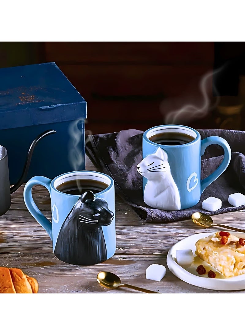 Couples Pair Ceramic Mugs Cat Edition Large Capacity Ceramic Cup with Box and Spoon, Couple Mug 350ml