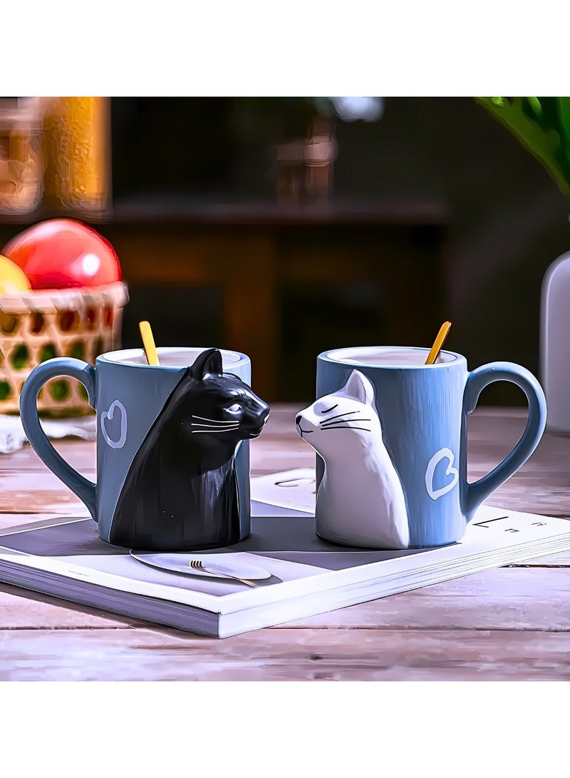 Couples Pair Ceramic Mugs Cat Edition Large Capacity Ceramic Cup with Box and Spoon, Couple Mug 350ml