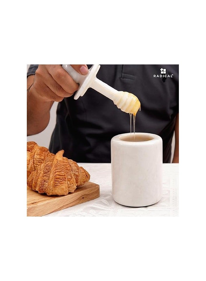 Radicaln Marble Honey Pot 5.5'' Inches White Handmade Honey Jar with Dipper and Lid - Honey Dispenser For Kitchen Tabletop, Mini Honey Jars For Countertop Storage