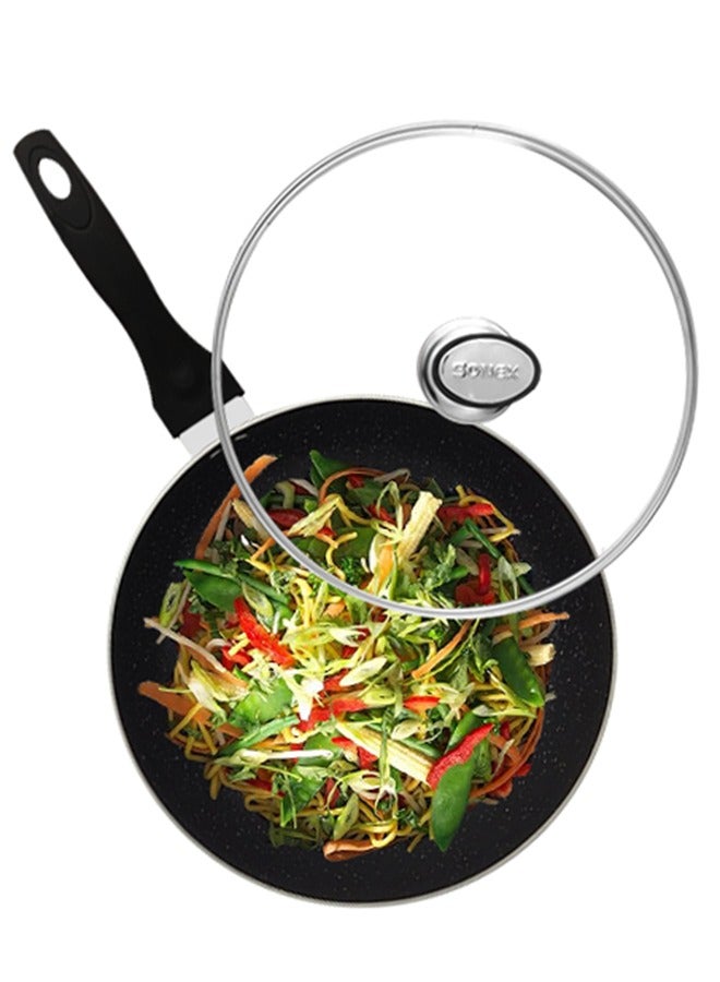 Sonex Non Stick Classic Wok Black Granite with Glass Lid & Ergonomic Bakelite Handle, Dia 30 cm & Cap 5 Ltr – Perfect for Stir-Fries, Curries, and Asian Cuisine, PFOA Free, Durable & Easy to Clean