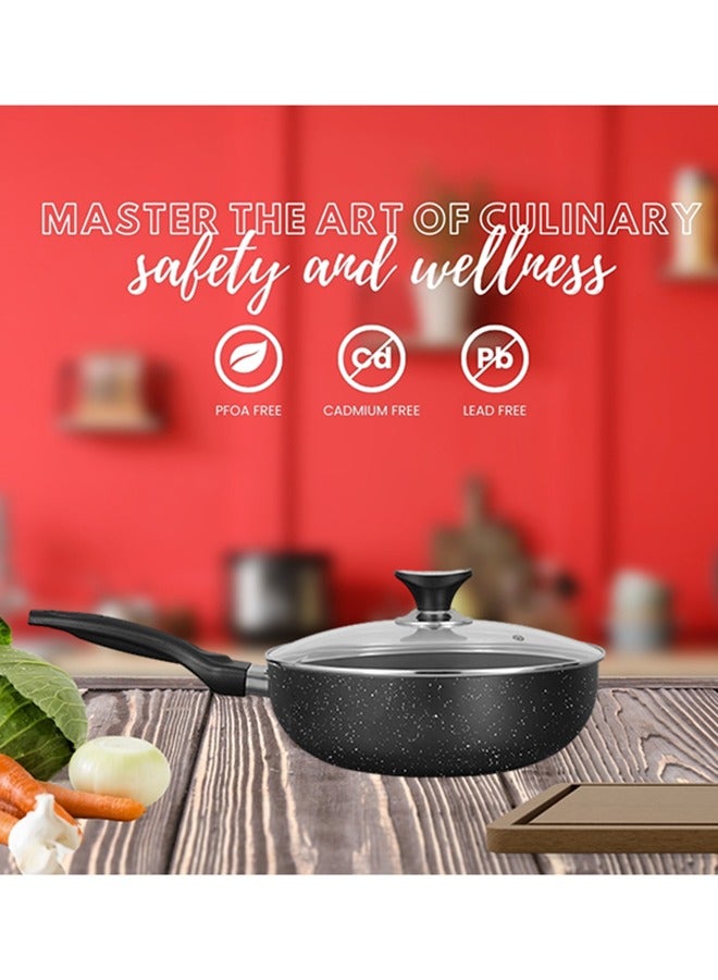 Sonex Non Stick Classic Wok Black Granite with Glass Lid & Ergonomic Bakelite Handle, Dia 30 cm & Cap 5 Ltr – Perfect for Stir-Fries, Curries, and Asian Cuisine, PFOA Free, Durable & Easy to Clean