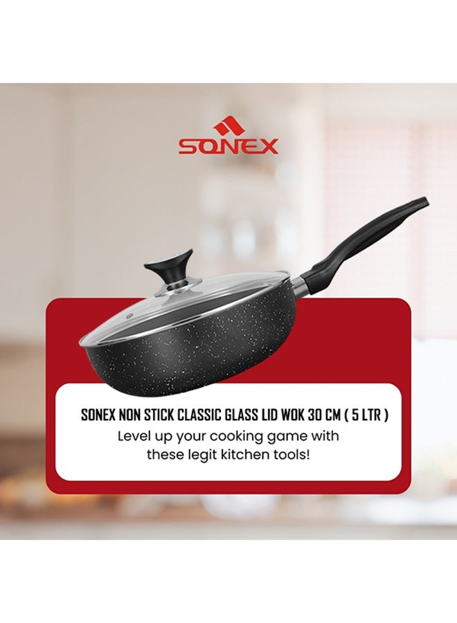 Sonex Non Stick Classic Wok Black Granite with Glass Lid & Ergonomic Bakelite Handle, Dia 30 cm & Cap 5 Ltr – Perfect for Stir-Fries, Curries, and Asian Cuisine, PFOA Free, Durable & Easy to Clean