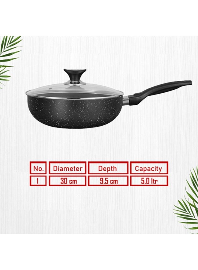 Sonex Non Stick Classic Wok Black Granite with Glass Lid & Ergonomic Bakelite Handle, Dia 30 cm & Cap 5 Ltr – Perfect for Stir-Fries, Curries, and Asian Cuisine, PFOA Free, Durable & Easy to Clean