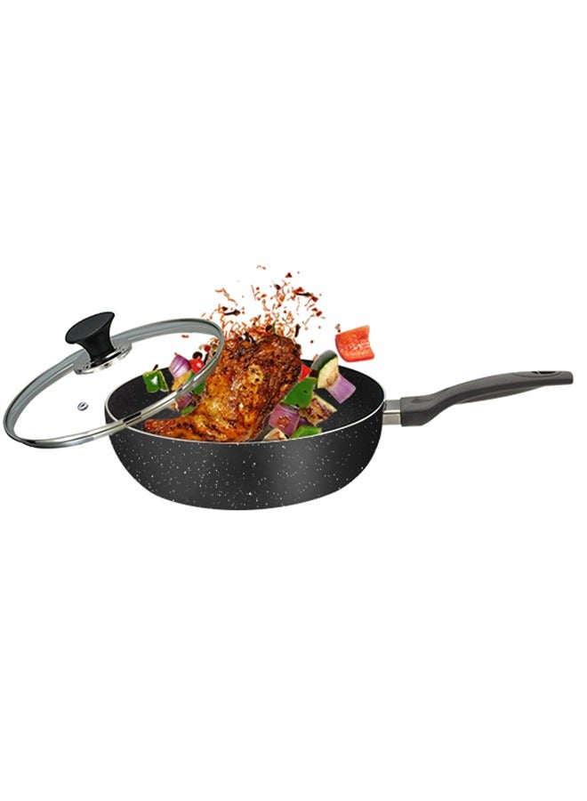 Sonex Non Stick Classic Wok Black Granite with Glass Lid & Ergonomic Bakelite Handle, Dia 30 cm & Cap 5 Ltr – Perfect for Stir-Fries, Curries, and Asian Cuisine, PFOA Free, Durable & Easy to Clean