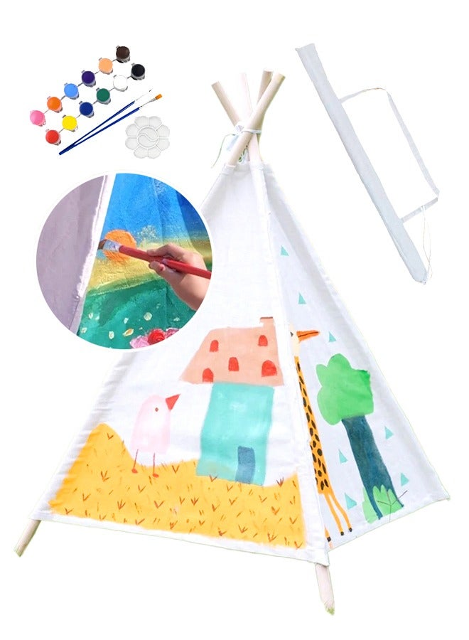 Play Tent for Kids,White Painting White Tent  with 12 Painting Paints,3 Paintbrushes,Tent Storage Bag