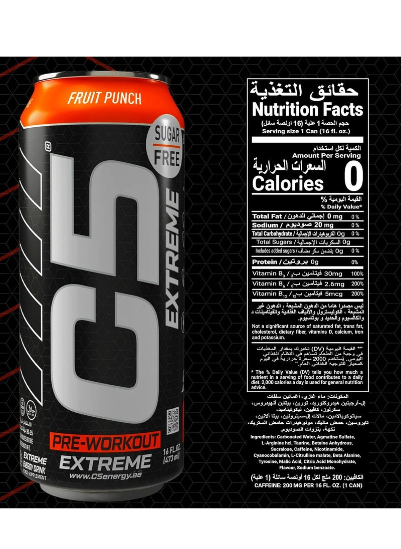 C5 Energy Drink Pre Workout 200mg Caffeine, Sugar Free, Zero Calories with Beta Alanine, L-Arginine 16fl.OZ, 473ml - Pack of 12 (Fruit Punch Extreme)