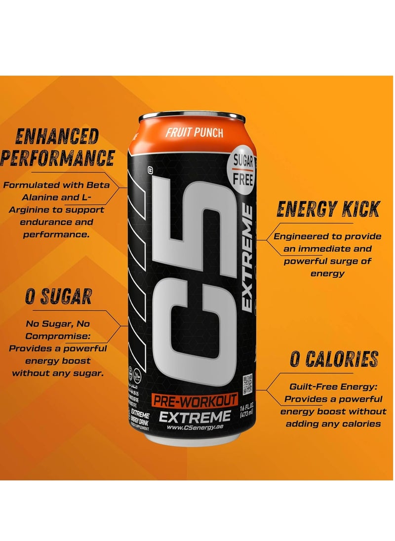 C5 Energy Drink Pre Workout 200mg Caffeine, Sugar Free, Zero Calories with Beta Alanine, L-Arginine 16fl.OZ, 473ml - Pack of 12 (Fruit Punch Extreme)