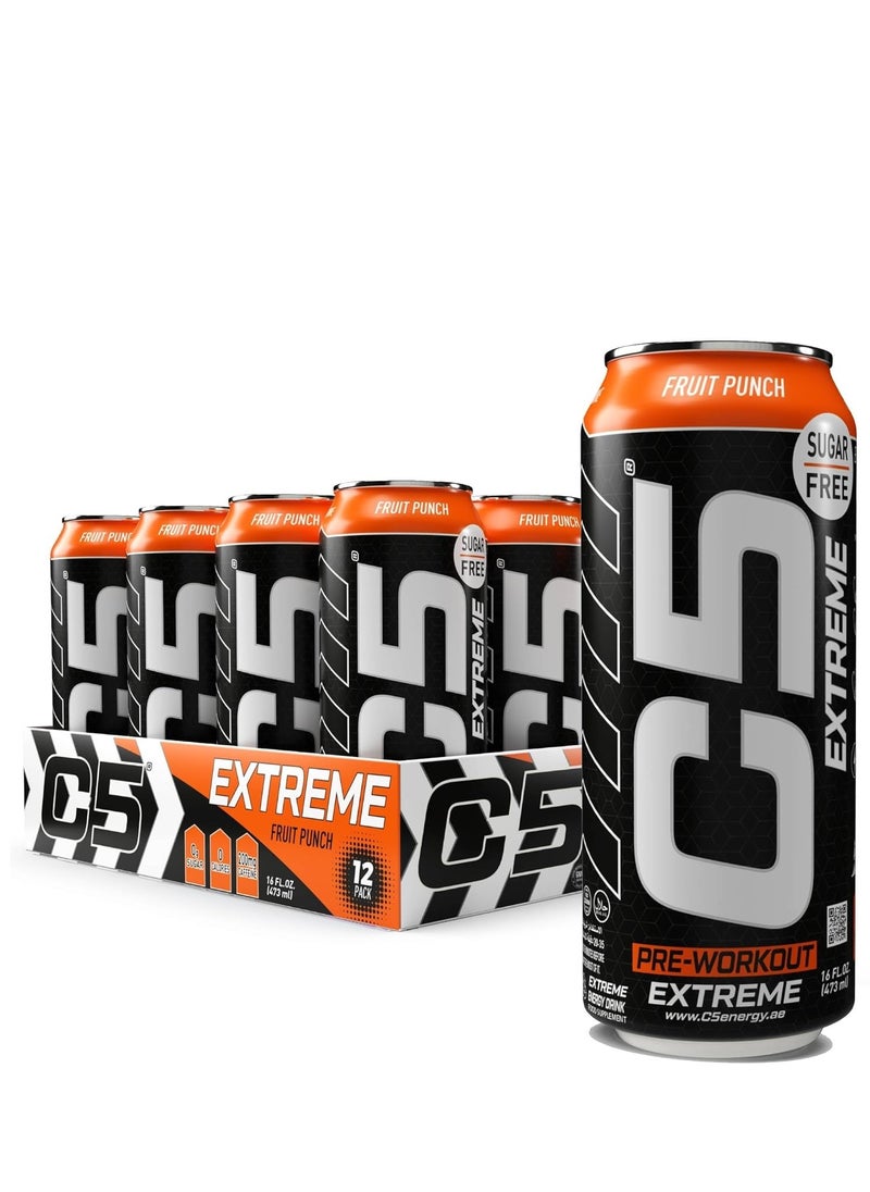 C5 Energy Drink Pre Workout 200mg Caffeine, Sugar Free, Zero Calories with Beta Alanine, L-Arginine 16fl.OZ, 473ml - Pack of 12 (Fruit Punch Extreme)