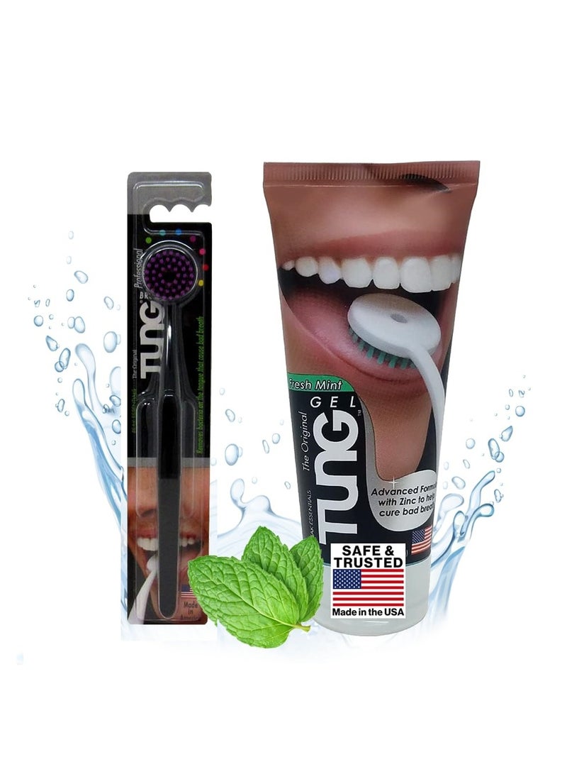 Tung Tongue Brush & Gel Kit | Tongue Cleaner for Adults | Tongue Scraper to Fight Bad Breath and Halitosis | Mouth Odor Eliminator | Fresh Mint | Made in America (Set of 1)