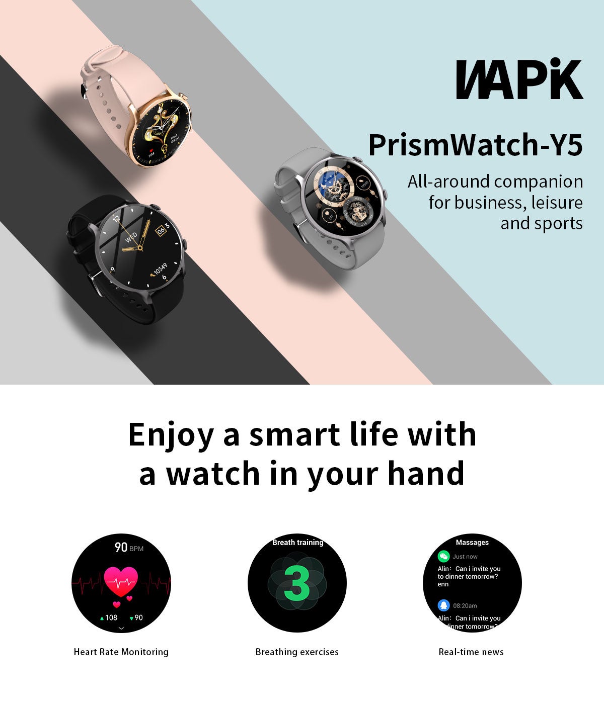 Korean Brand Smart Watch Y5，Business Smartwatch, Waterproof Fitness Watch, Bluetooth Calling, Compatible with Android and iOS,Smartwatch For Men, Zinc Alloy Vacuum Plating, Heart Rate Monitoring，Black