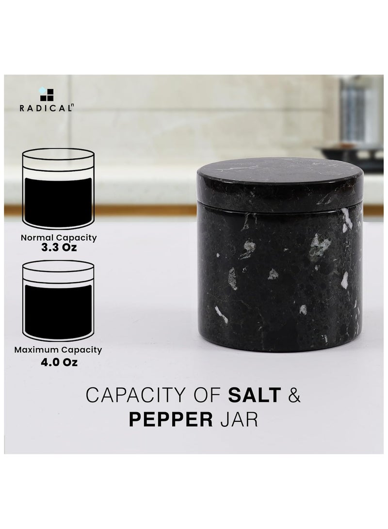Radicaln Marble Salt Cellar With Lid Black and White Handmade Set of 2 Salt and Pepper Bowl Box With Marble Tray - Spice & Salt Storages For Kitchen Rack - Spices Container Set For Home