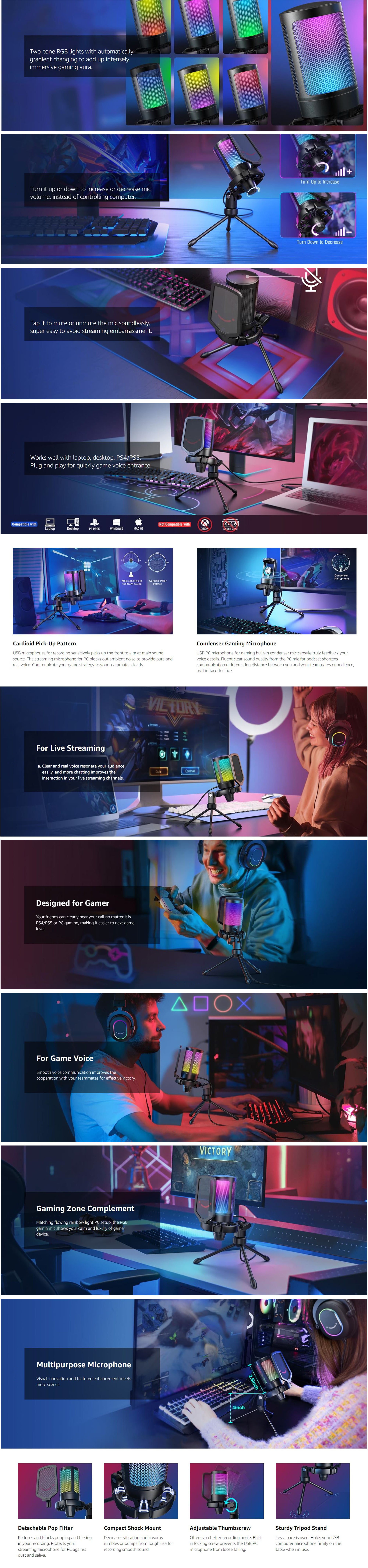 Gaming USB Microphone For PC PS5, Condenser Mic With Quick Mute, RGB Indicator, Tripod Stand, Pop Filter, Shock Mount, Gain Control For Streaming Discord Twitch Podcasts Videos-AmpliGame A6V Black